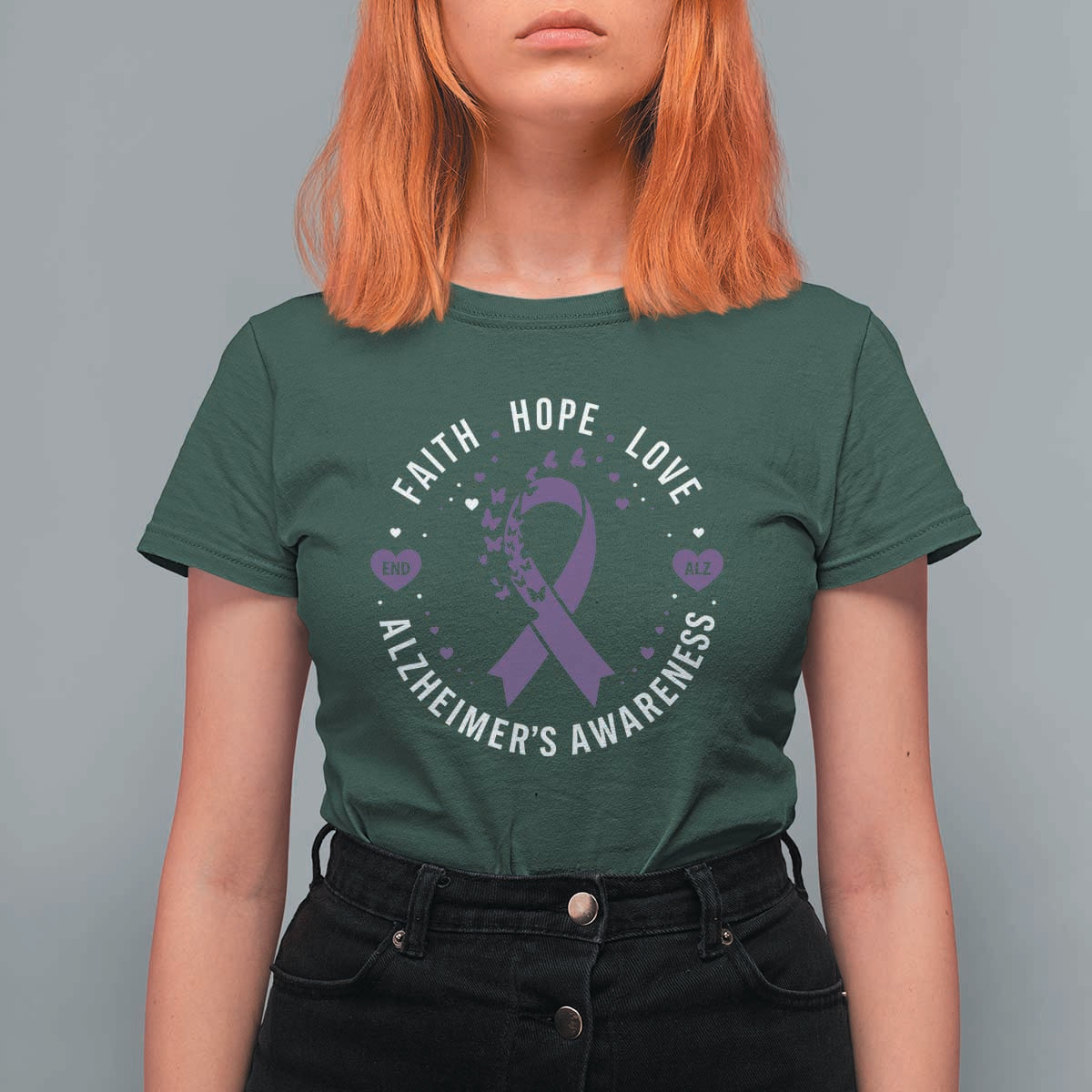 Faith Hope Love Purple Ribbon T Shirt For Women End Alzheimers Butterfly Graphic