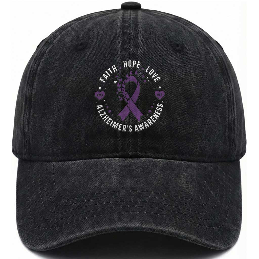 Faith Hope Love Purple Ribbon Washed Cotton Baseball Cap End Alzheimers Butterfly Graphic