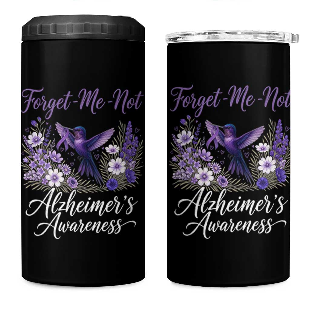 Forget Me Not Alzheimers Awareness 4 in 1 Can Cooler Tumbler Hummingbird Purple Ribbon Floral