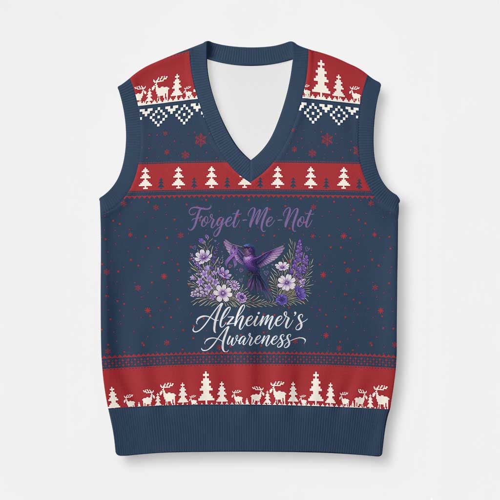 Forget Me Not Alzheimers Awareness V-Neck Knit Sweater Vest Hummingbird Purple Ribbon Floral