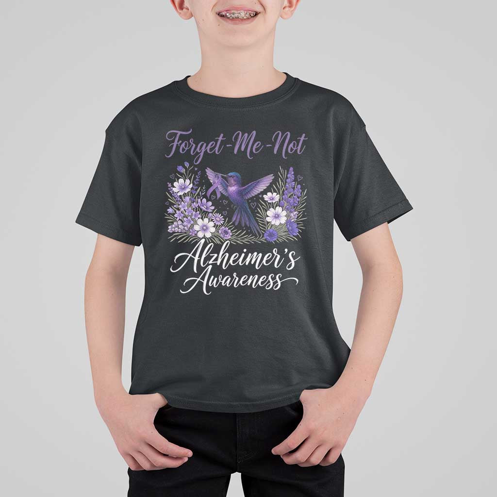Forget Me Not Alzheimers Awareness T Shirt For Kid Hummingbird Purple Ribbon Floral