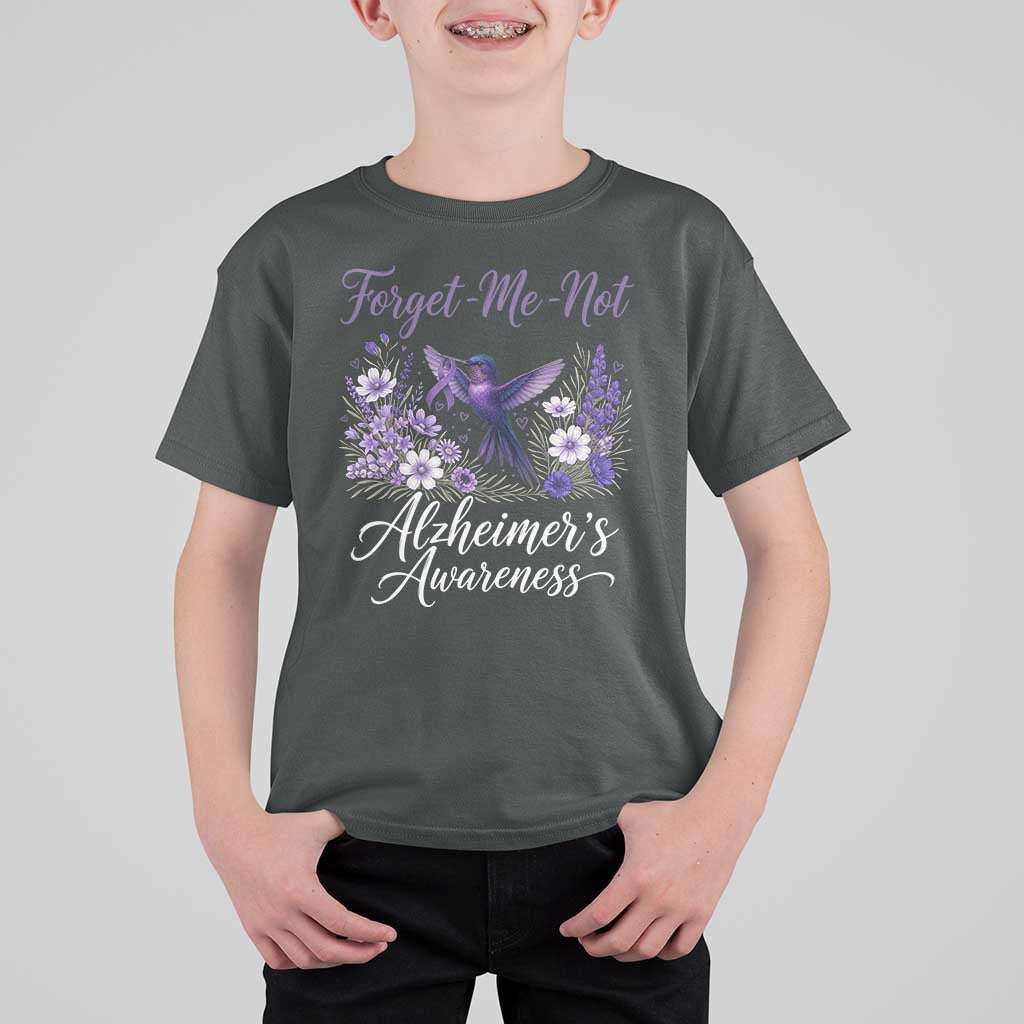 Forget Me Not Alzheimers Awareness T Shirt For Kid Hummingbird Purple Ribbon Floral