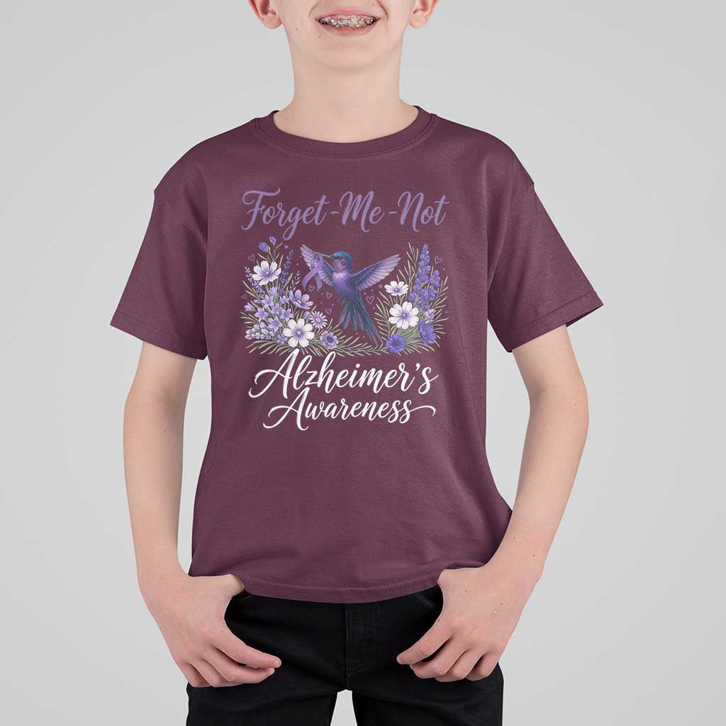 Forget Me Not Alzheimers Awareness T Shirt For Kid Hummingbird Purple Ribbon Floral