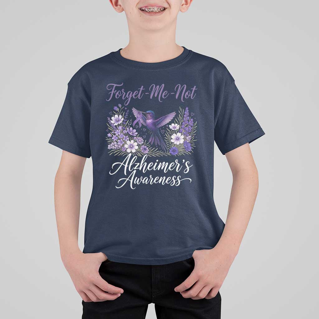 Forget Me Not Alzheimers Awareness T Shirt For Kid Hummingbird Purple Ribbon Floral