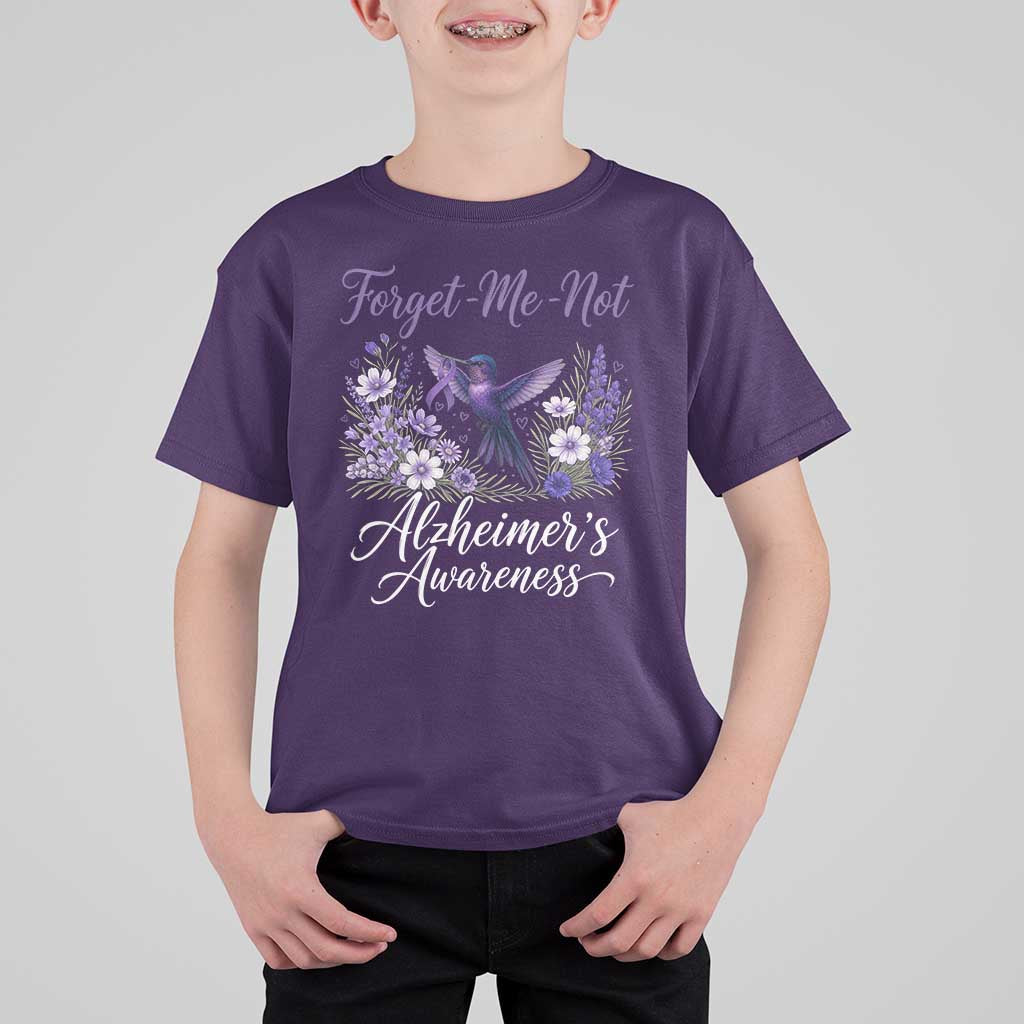 Forget Me Not Alzheimers Awareness T Shirt For Kid Hummingbird Purple Ribbon Floral