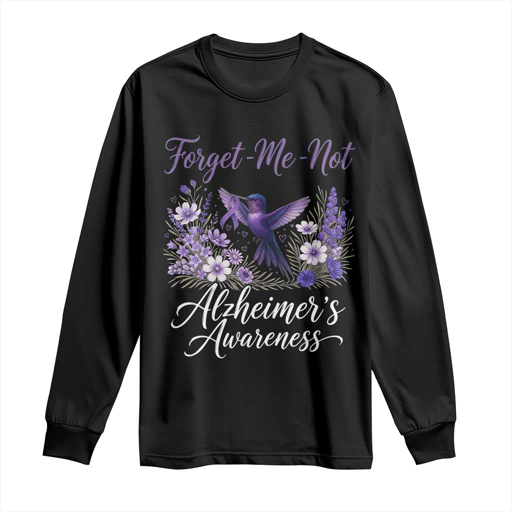 Forget Me Not Alzheimers Awareness Long Sleeve Shirt Hummingbird Purple Ribbon Floral
