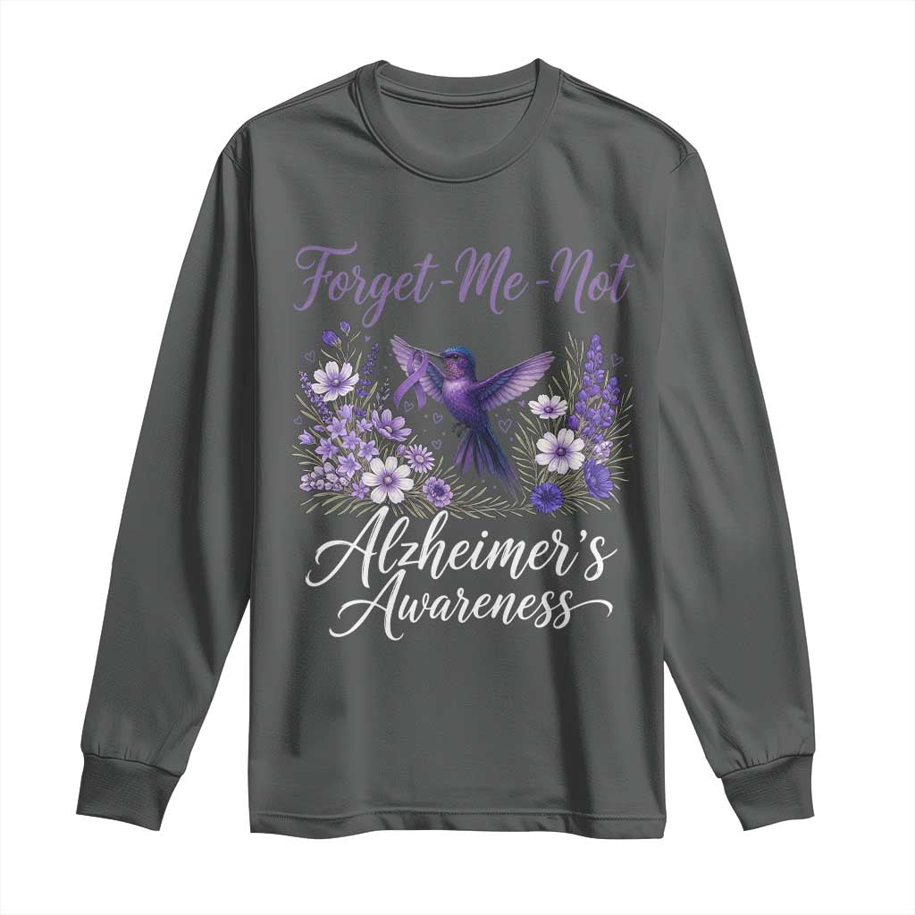 Forget Me Not Alzheimers Awareness Long Sleeve Shirt Hummingbird Purple Ribbon Floral