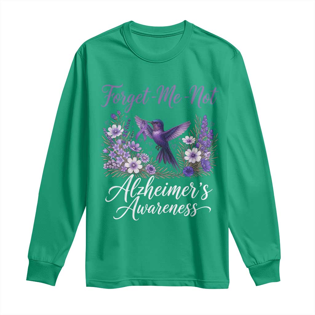 Forget Me Not Alzheimers Awareness Long Sleeve Shirt Hummingbird Purple Ribbon Floral