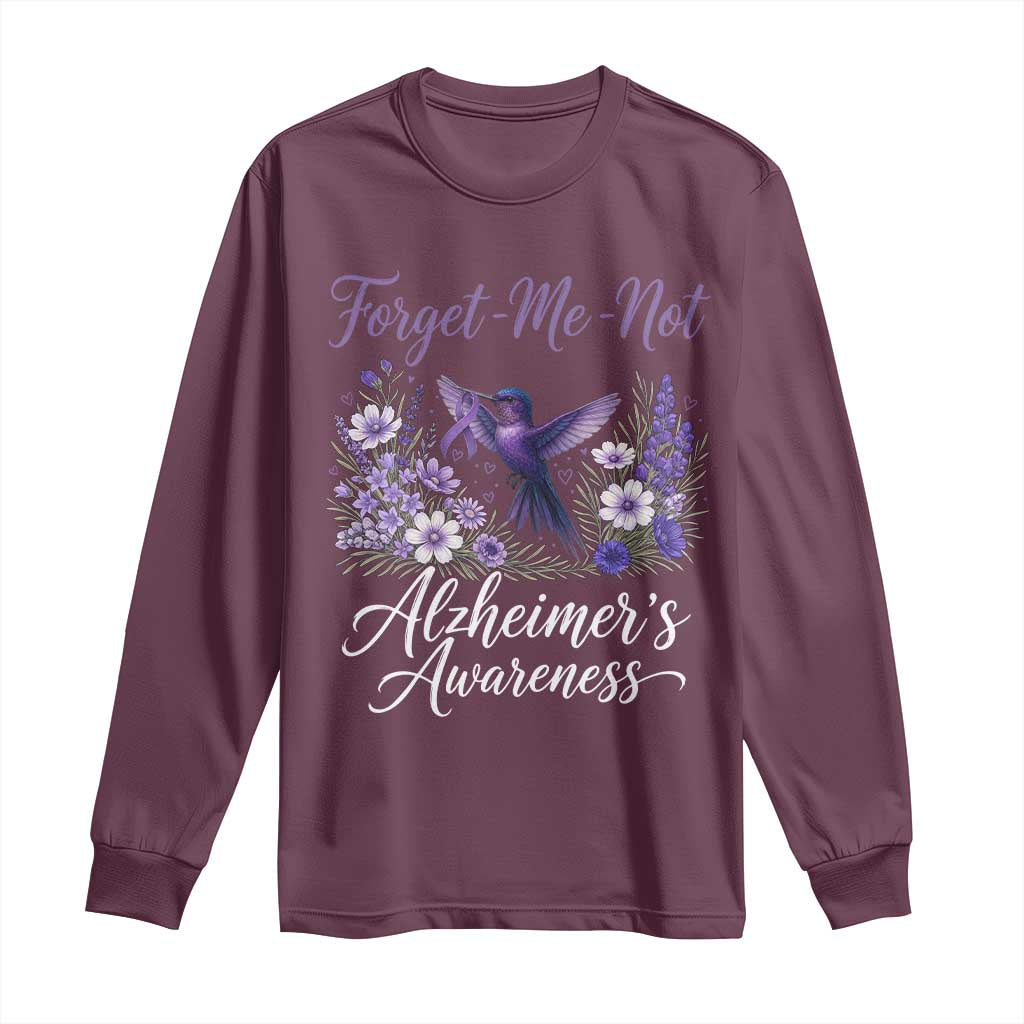 Forget Me Not Alzheimers Awareness Long Sleeve Shirt Hummingbird Purple Ribbon Floral