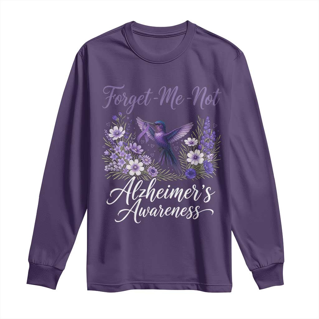 Forget Me Not Alzheimers Awareness Long Sleeve Shirt Hummingbird Purple Ribbon Floral