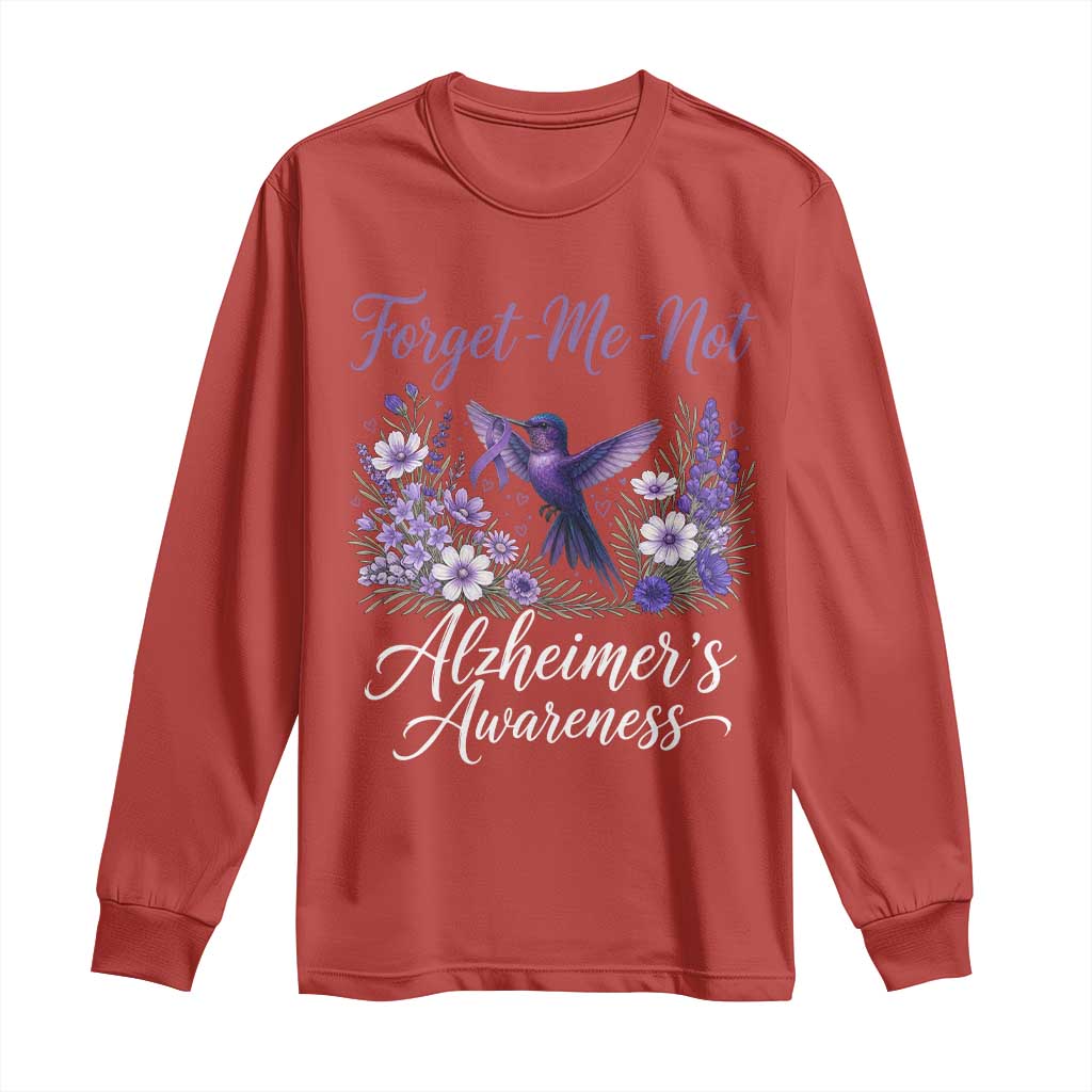 Forget Me Not Alzheimers Awareness Long Sleeve Shirt Hummingbird Purple Ribbon Floral