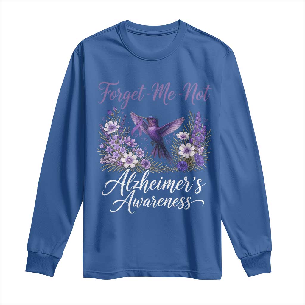 Forget Me Not Alzheimers Awareness Long Sleeve Shirt Hummingbird Purple Ribbon Floral
