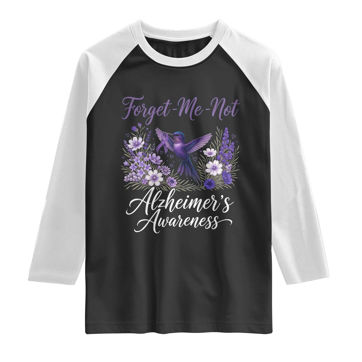 Forget Me Not Alzheimers Awareness Raglan Shirt Hummingbird Purple Ribbon Floral