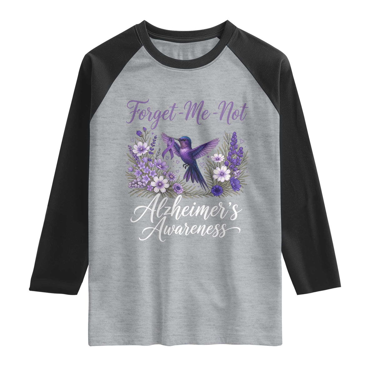 Forget Me Not Alzheimers Awareness Raglan Shirt Hummingbird Purple Ribbon Floral