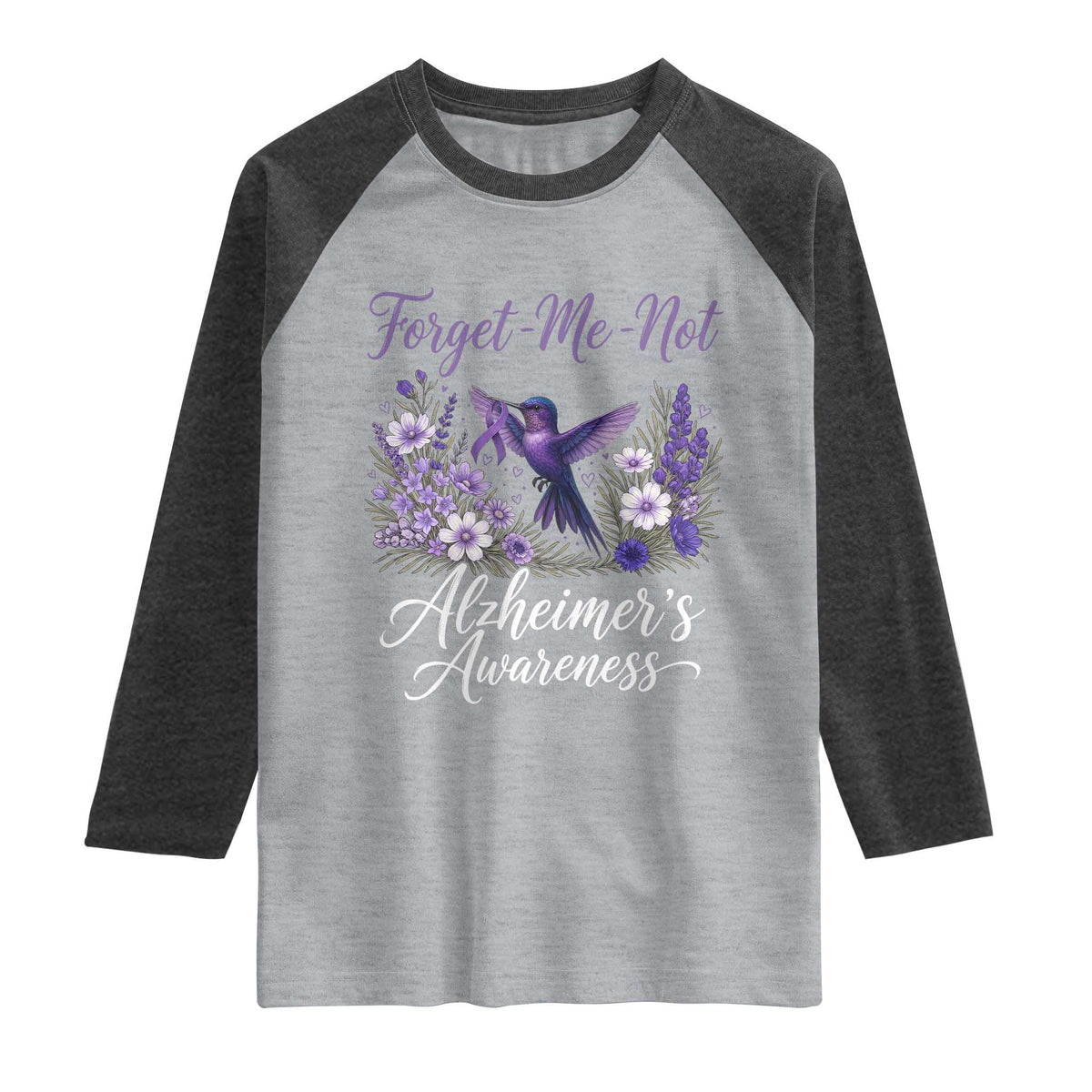 Forget Me Not Alzheimers Awareness Raglan Shirt Hummingbird Purple Ribbon Floral