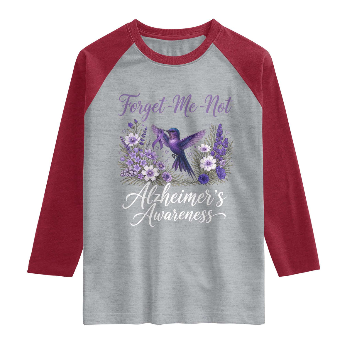 Forget Me Not Alzheimers Awareness Raglan Shirt Hummingbird Purple Ribbon Floral