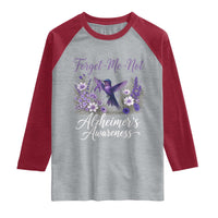 Forget Me Not Alzheimers Awareness Raglan Shirt Hummingbird Purple Ribbon Floral
