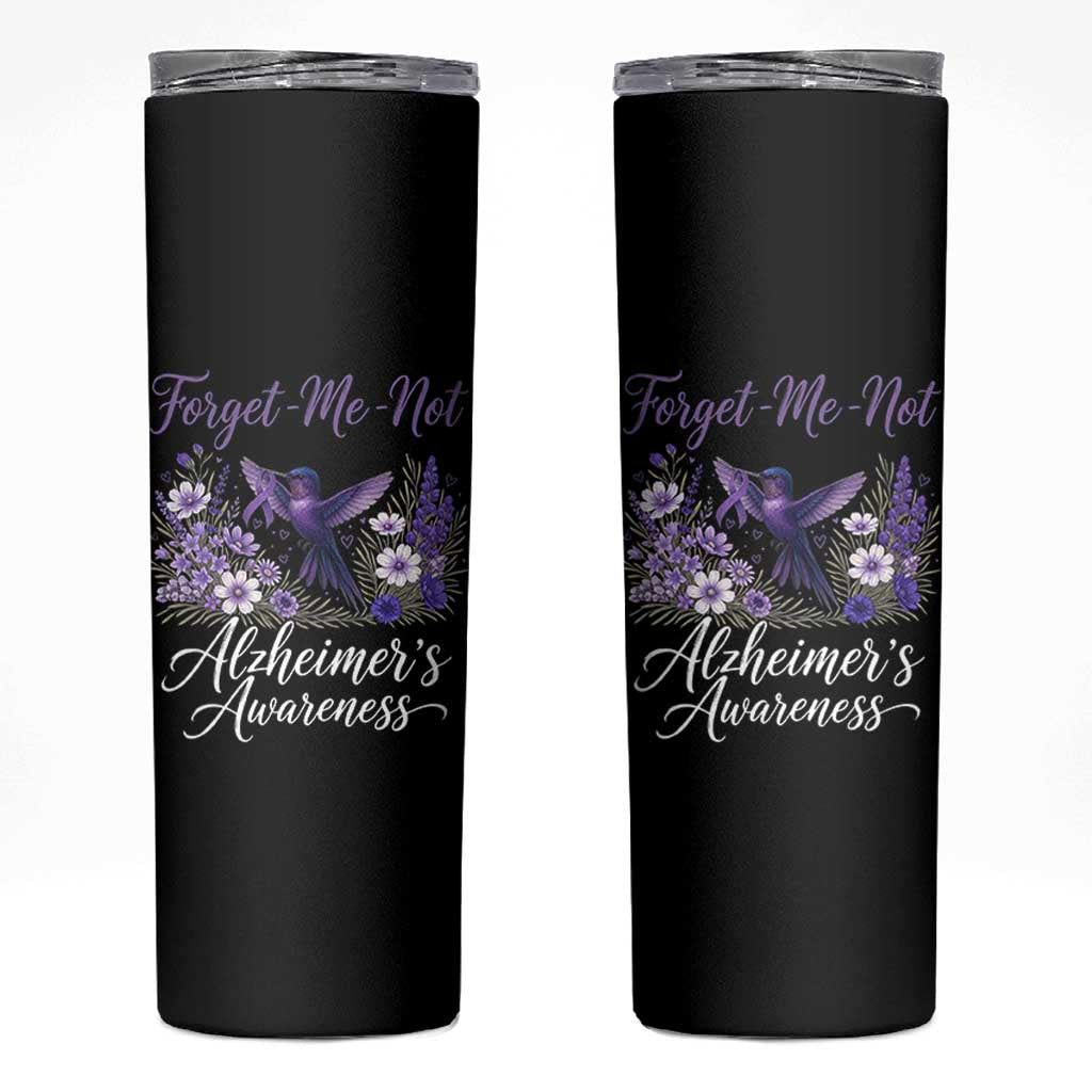Forget Me Not Alzheimers Awareness Skinny Tumbler Hummingbird Purple Ribbon Floral