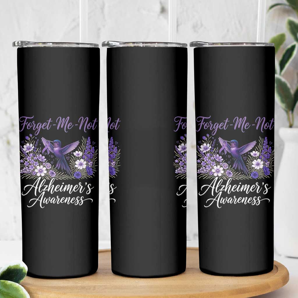 Forget Me Not Alzheimers Awareness Skinny Tumbler Hummingbird Purple Ribbon Floral