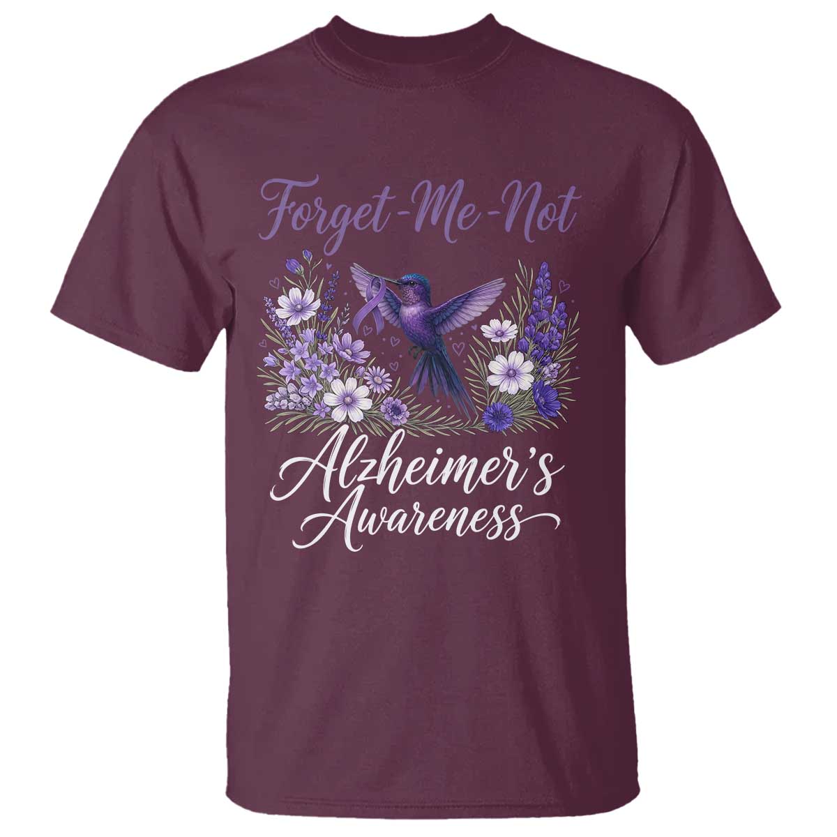 Forget Me Not Alzheimers Awareness T Shirt Hummingbird Purple Ribbon Floral