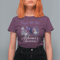 Forget Me Not Alzheimers Awareness T Shirt For Women Hummingbird Purple Ribbon Floral
