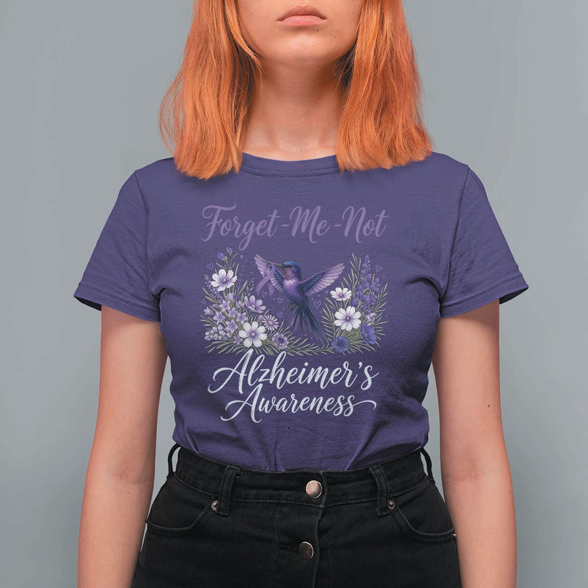 Forget Me Not Alzheimers Awareness T Shirt For Women Hummingbird Purple Ribbon Floral
