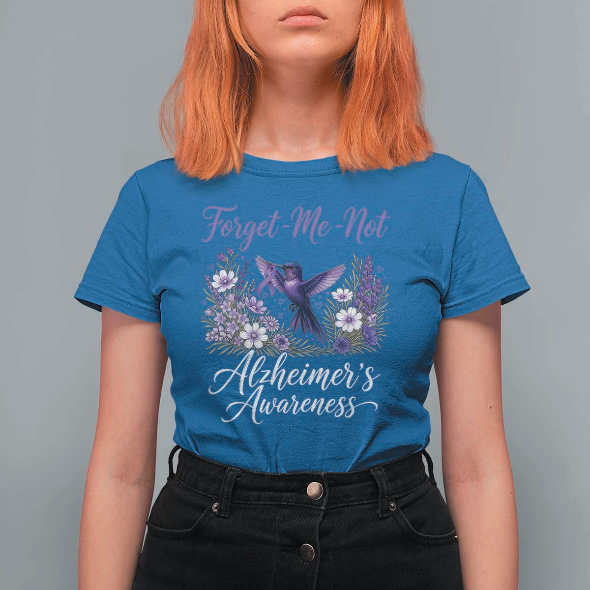 Forget Me Not Alzheimers Awareness T Shirt For Women Hummingbird Purple Ribbon Floral