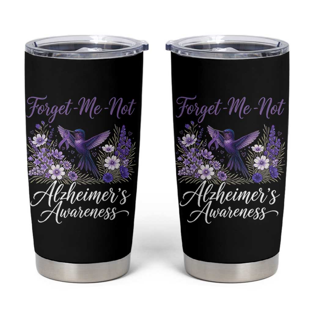 Forget Me Not Alzheimers Awareness Tumbler Cup Hummingbird Purple Ribbon Floral