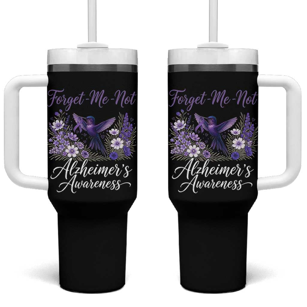 Forget Me Not Alzheimers Awareness Tumbler With Handle Hummingbird Purple Ribbon Floral