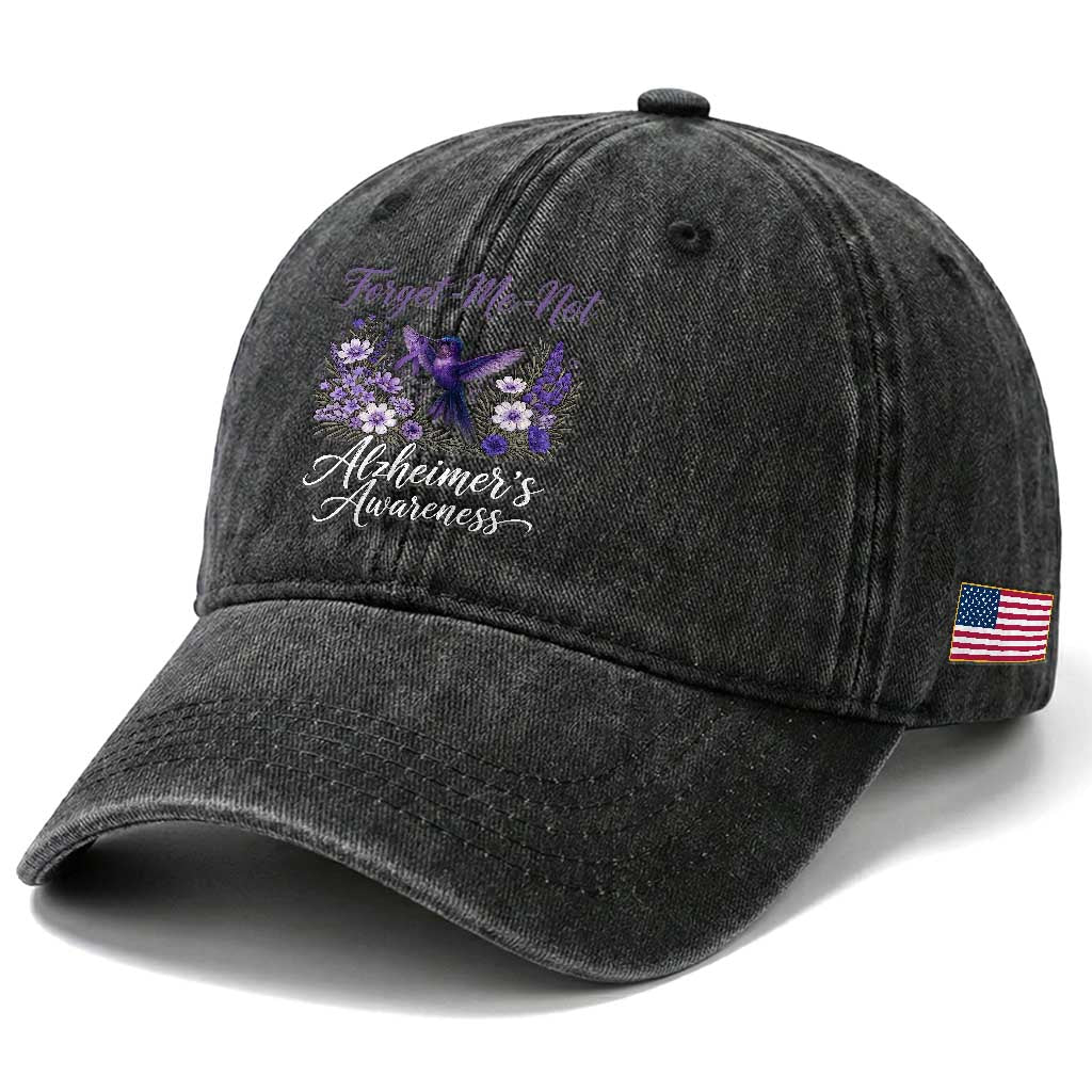 Forget Me Not Alzheimers Awareness Washed Cotton Baseball Cap Hummingbird Purple Ribbon Floral