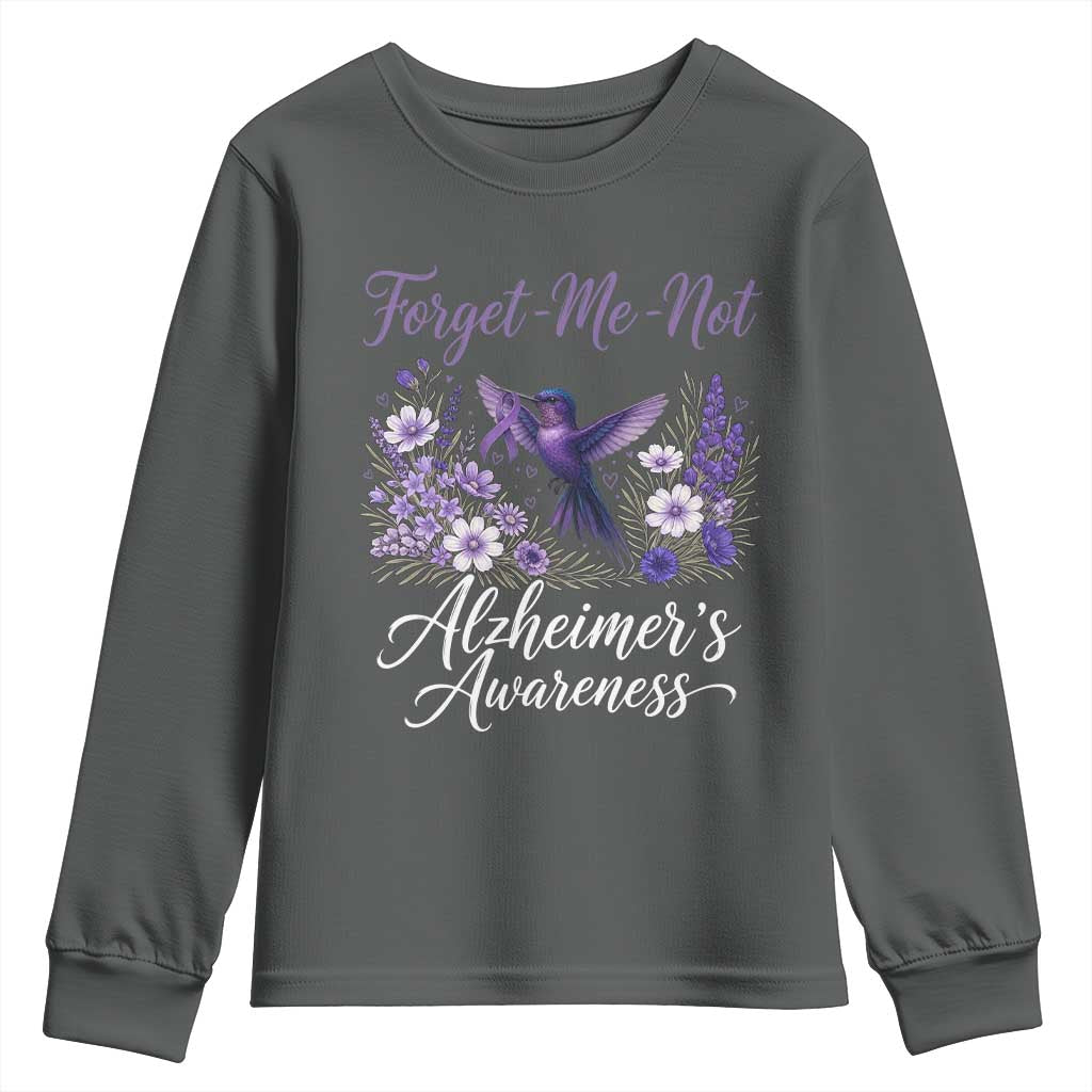 Forget Me Not Alzheimers Awareness Youth Sweatshirt Hummingbird Purple Ribbon Floral