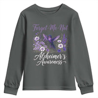 Forget Me Not Alzheimers Awareness Youth Sweatshirt Hummingbird Purple Ribbon Floral