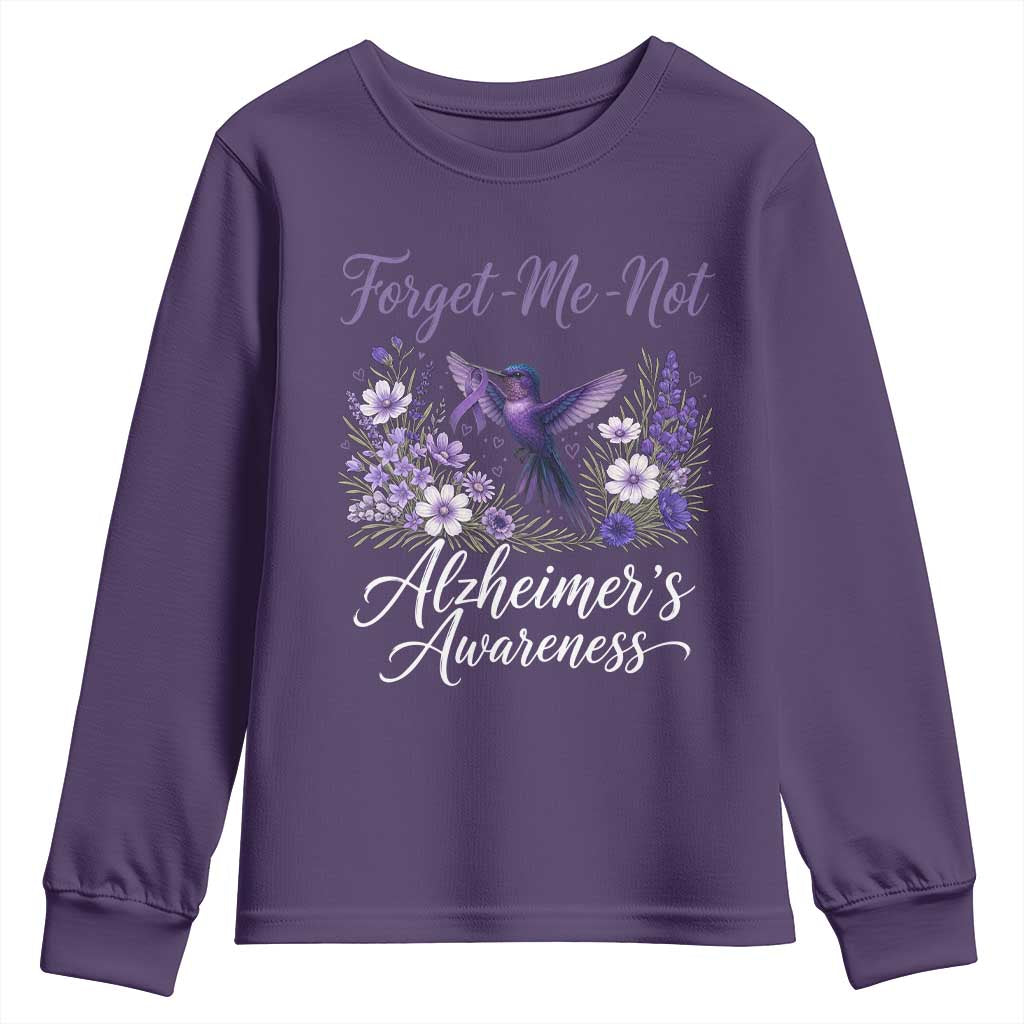 Forget Me Not Alzheimers Awareness Youth Sweatshirt Hummingbird Purple Ribbon Floral