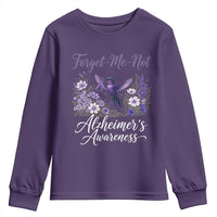 Forget Me Not Alzheimers Awareness Youth Sweatshirt Hummingbird Purple Ribbon Floral