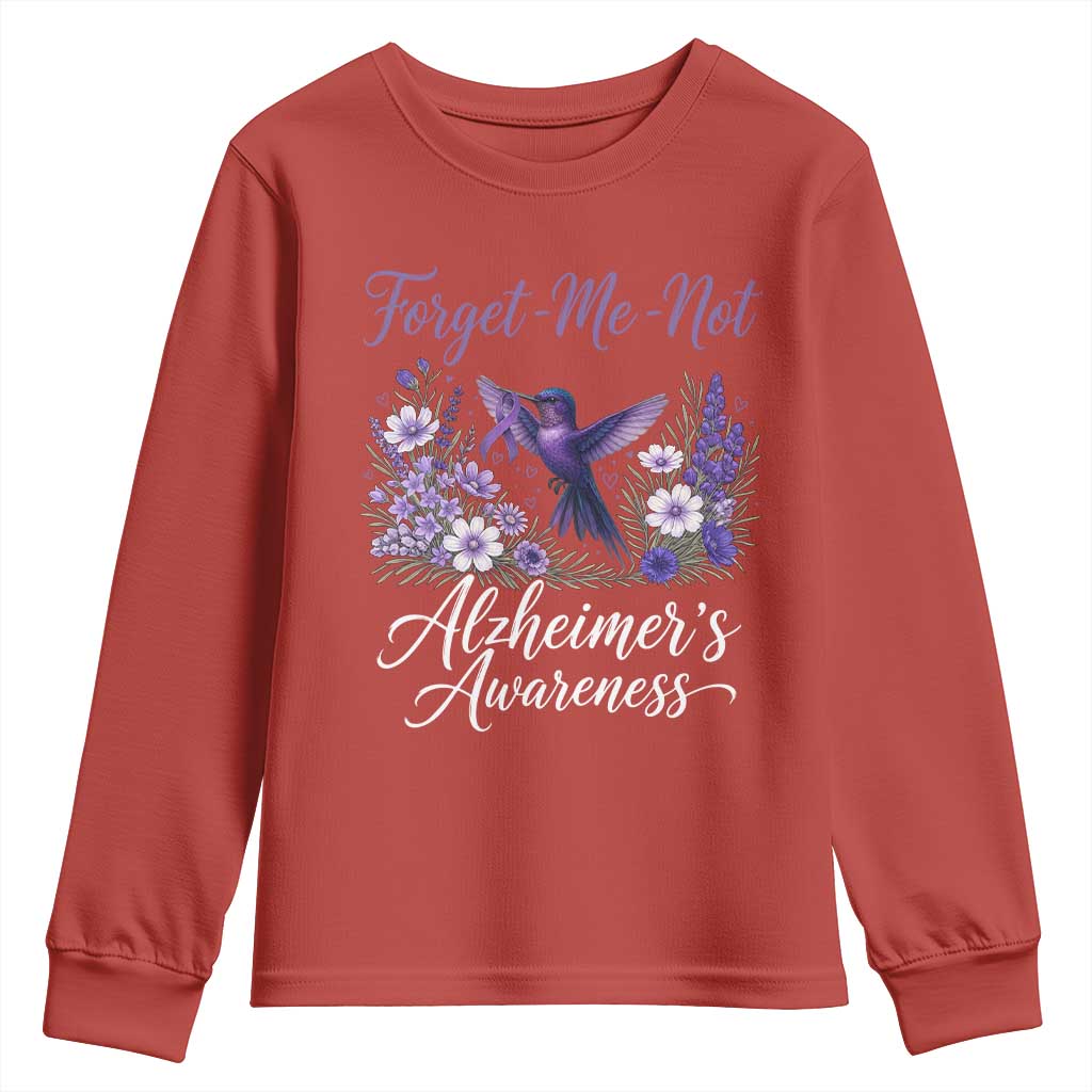 Forget Me Not Alzheimers Awareness Youth Sweatshirt Hummingbird Purple Ribbon Floral