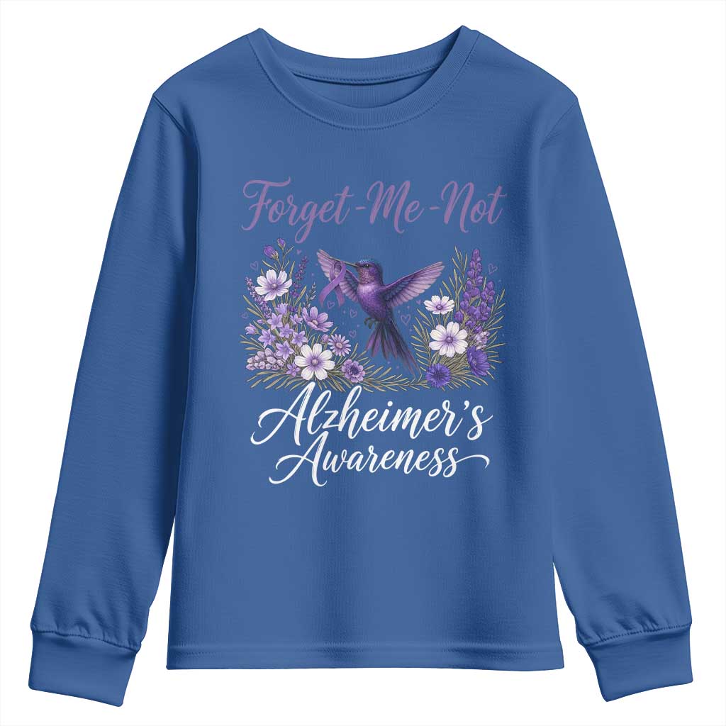 Forget Me Not Alzheimers Awareness Youth Sweatshirt Hummingbird Purple Ribbon Floral