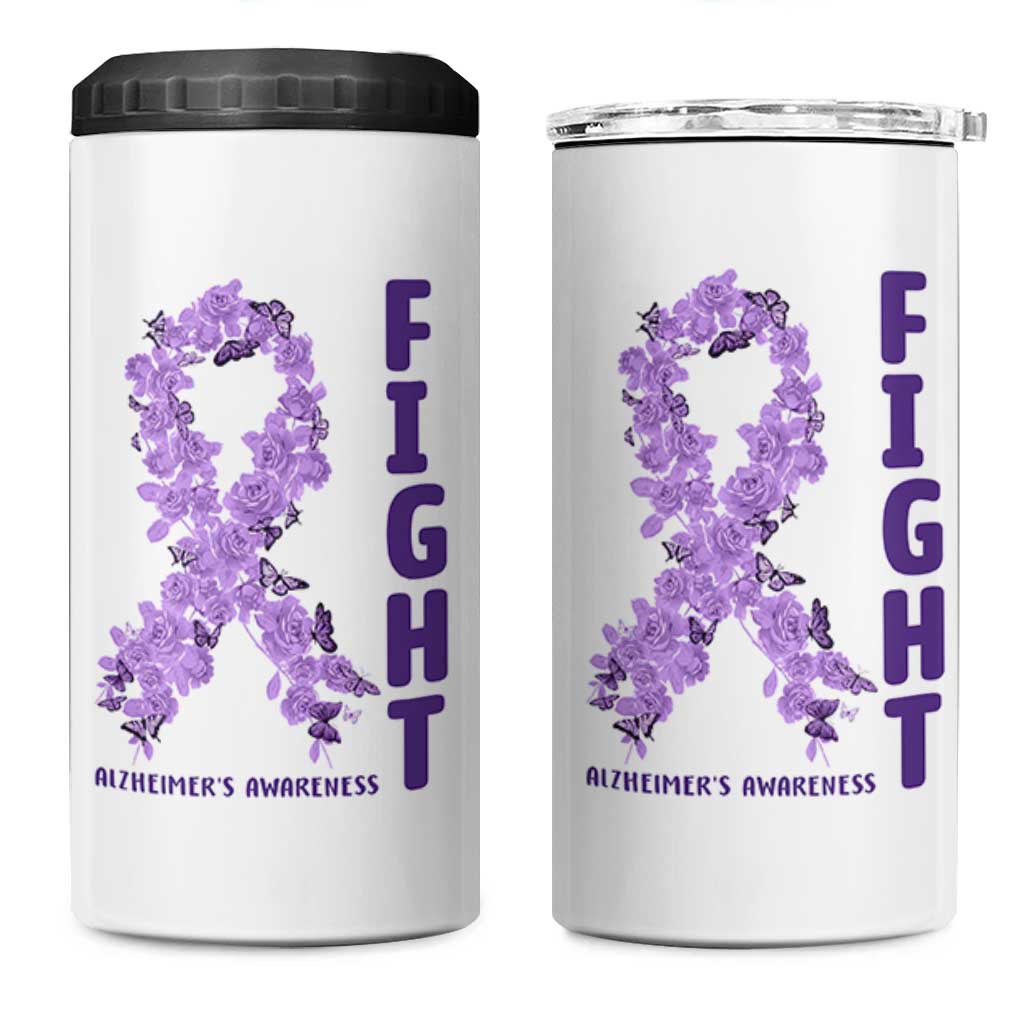 Fight Alzheimers Awareness Support 4 in 1 Can Cooler Tumbler Purple Ribbon Floral Butterfly