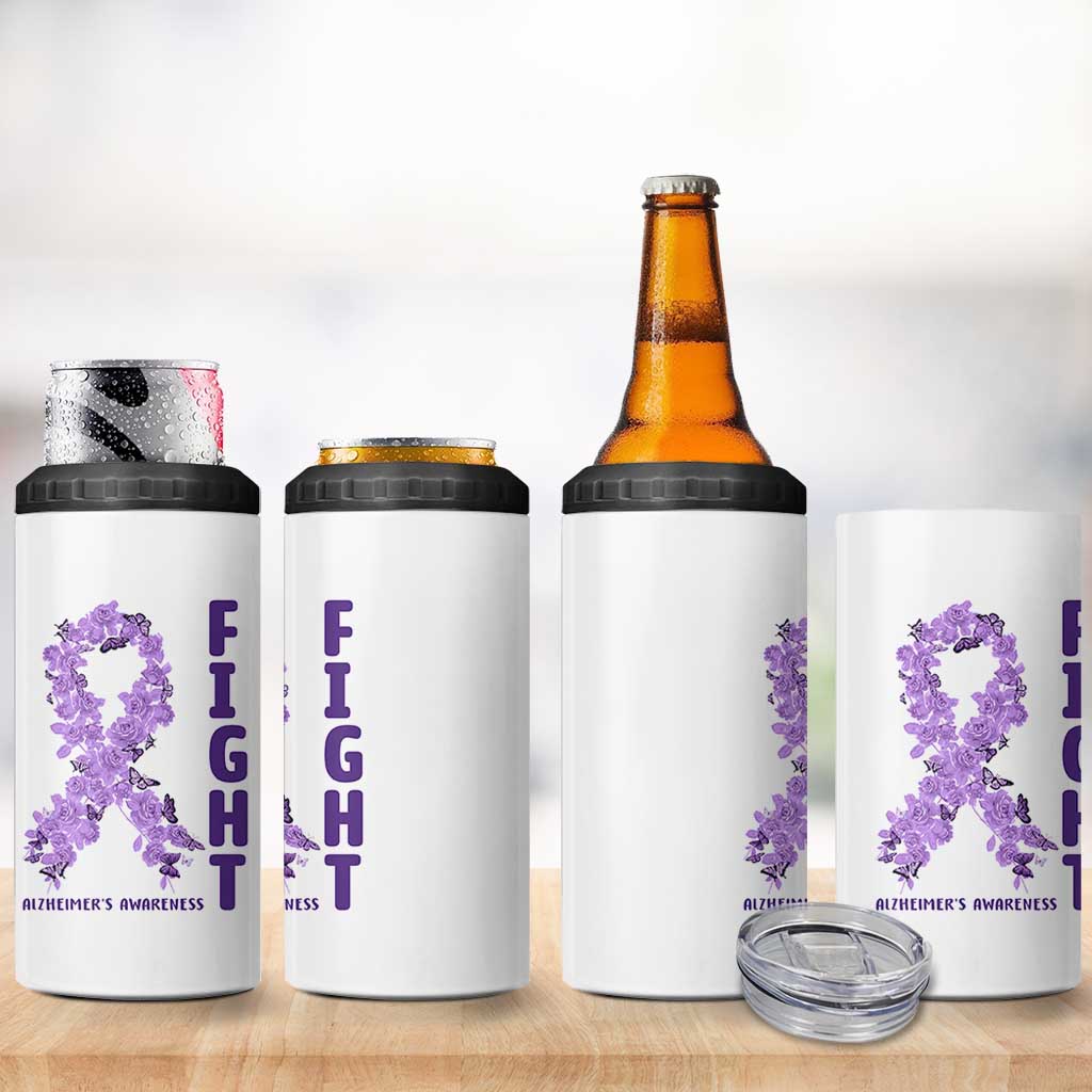 Fight Alzheimers Awareness Support 4 in 1 Can Cooler Tumbler Purple Ribbon Floral Butterfly