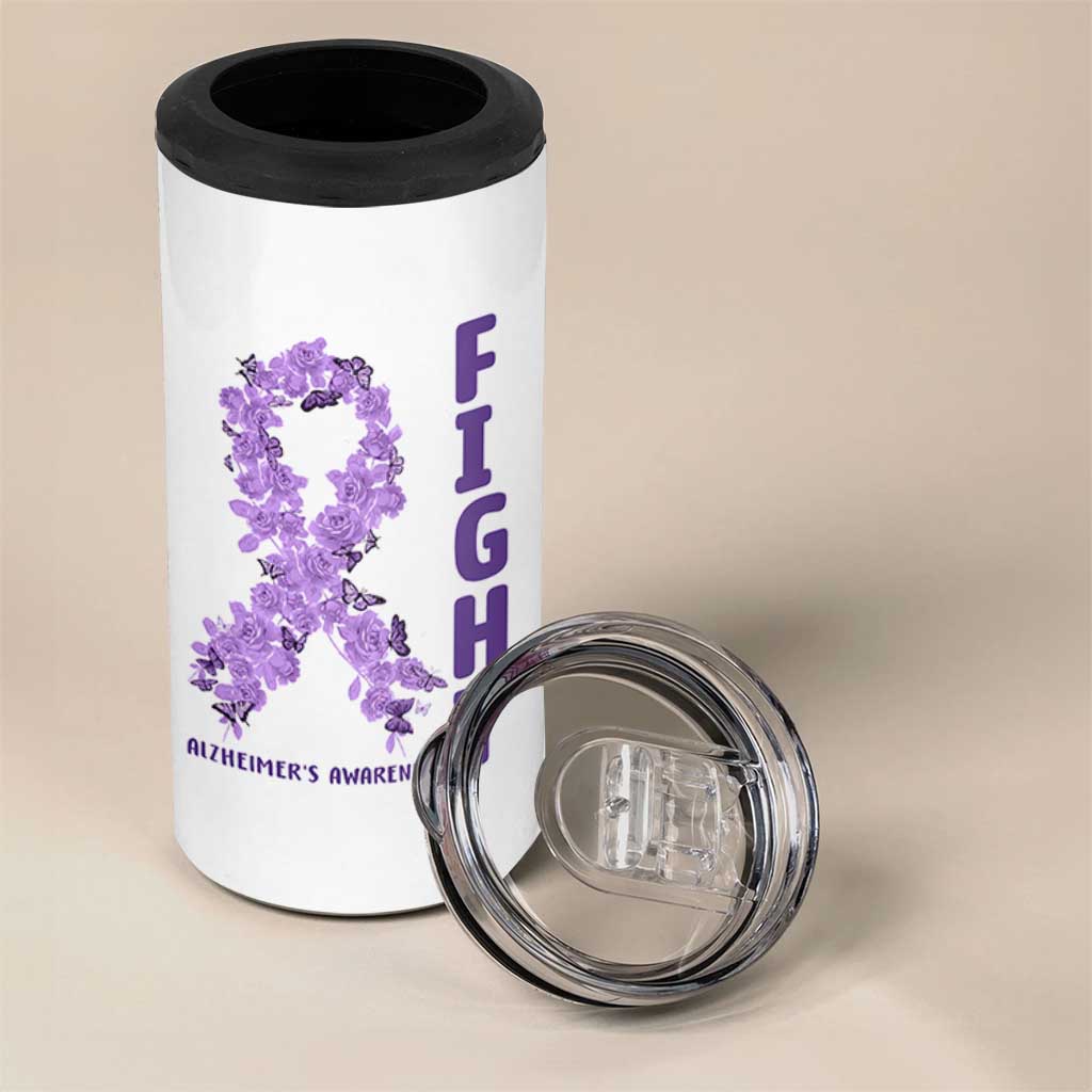Fight Alzheimers Awareness Support 4 in 1 Can Cooler Tumbler Purple Ribbon Floral Butterfly