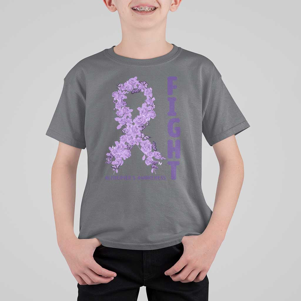 Fight Alzheimers Awareness Support T Shirt For Kid Purple Ribbon Floral Butterfly