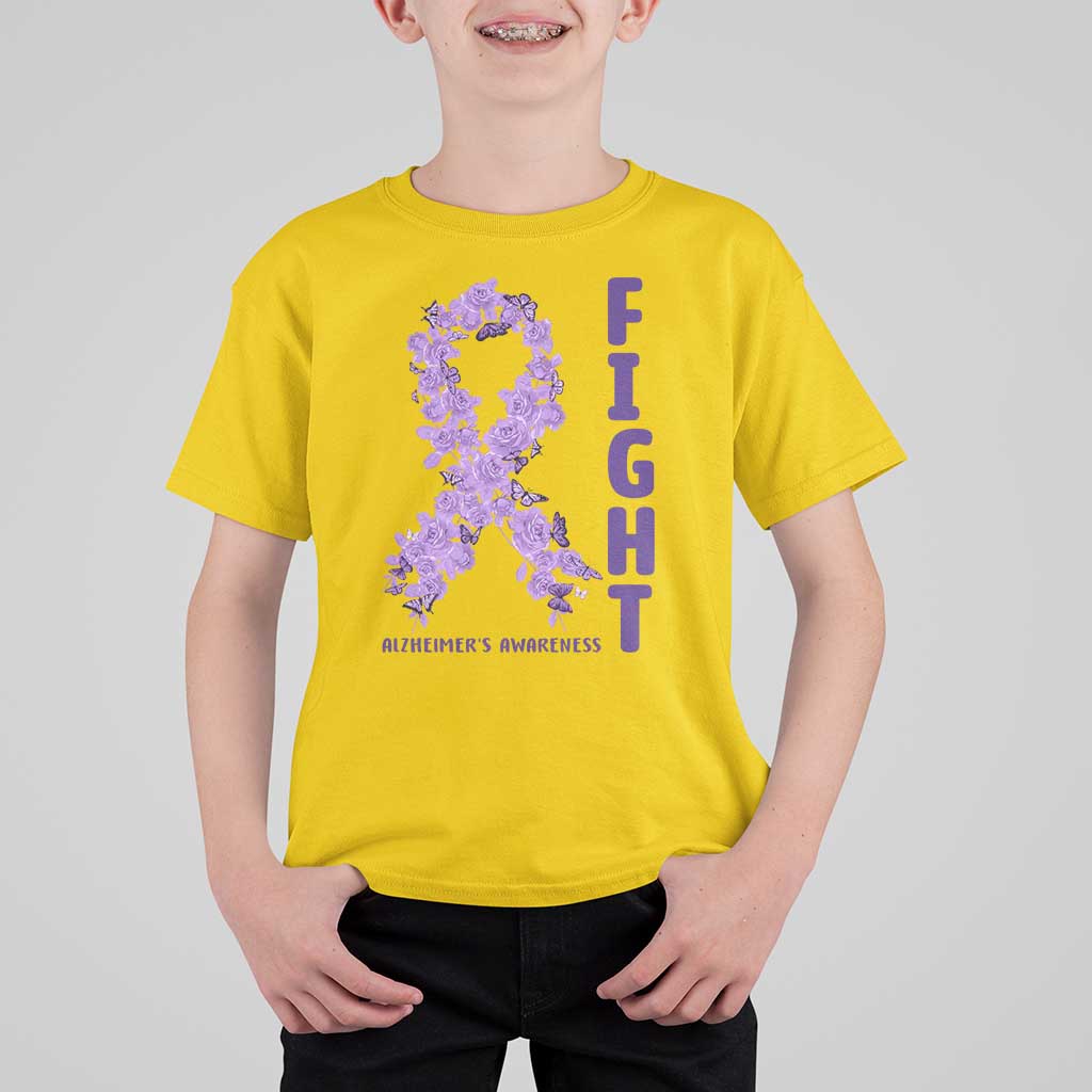 Fight Alzheimers Awareness Support T Shirt For Kid Purple Ribbon Floral Butterfly