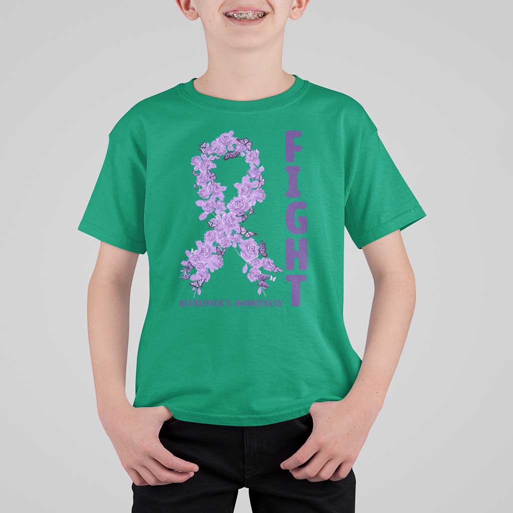 Fight Alzheimers Awareness Support T Shirt For Kid Purple Ribbon Floral Butterfly
