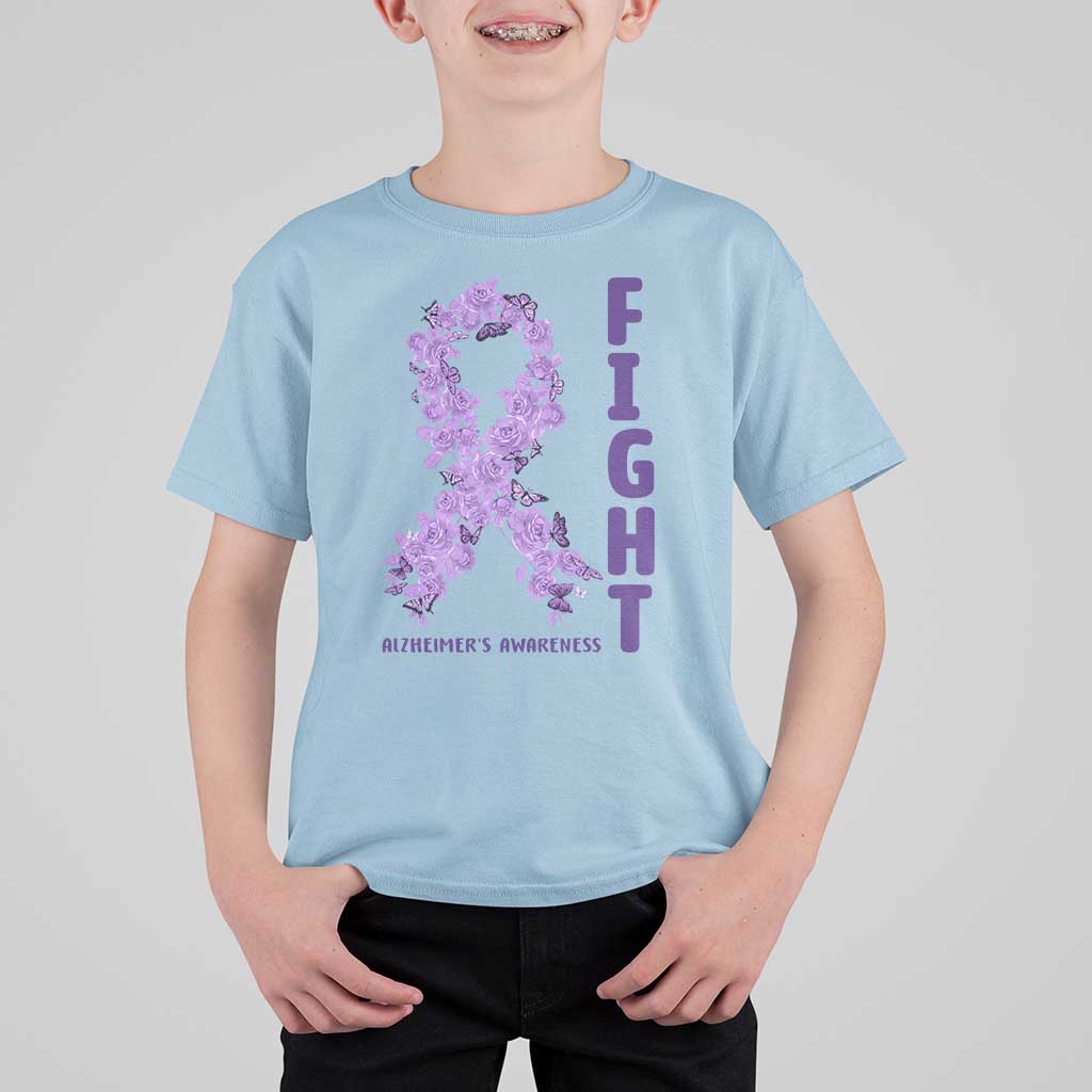 Fight Alzheimers Awareness Support T Shirt For Kid Purple Ribbon Floral Butterfly