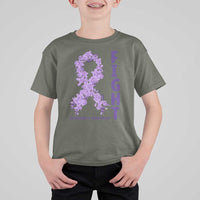 Fight Alzheimers Awareness Support T Shirt For Kid Purple Ribbon Floral Butterfly