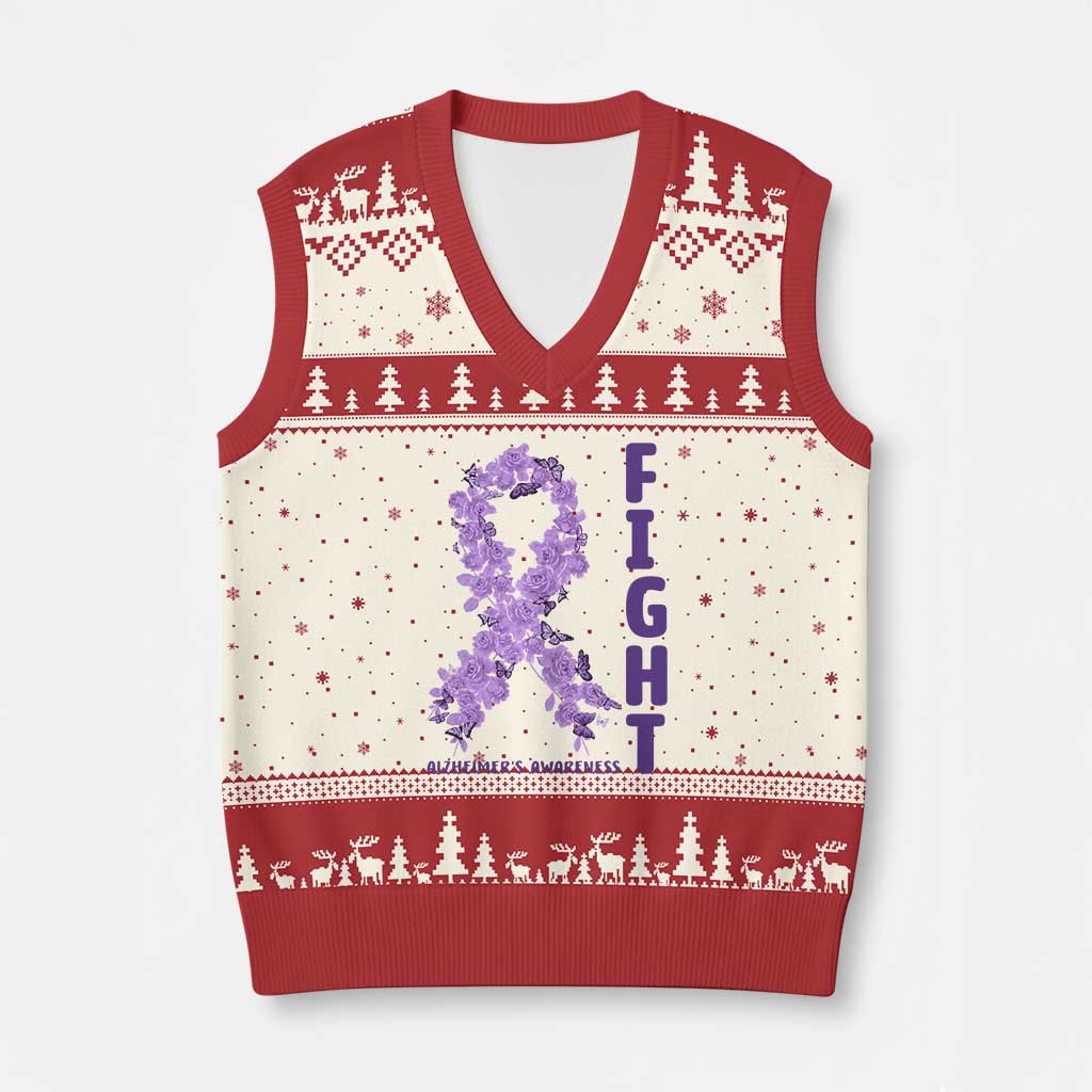 Fight Alzheimers Awareness Support V-Neck Knit Sweater Vest Purple Ribbon Floral Butterfly