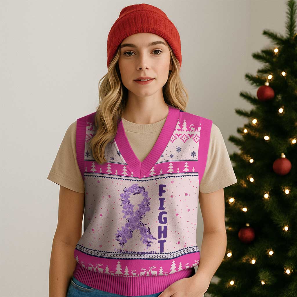 Fight Alzheimers Awareness Support V-Neck Knit Sweater Vest Purple Ribbon Floral Butterfly