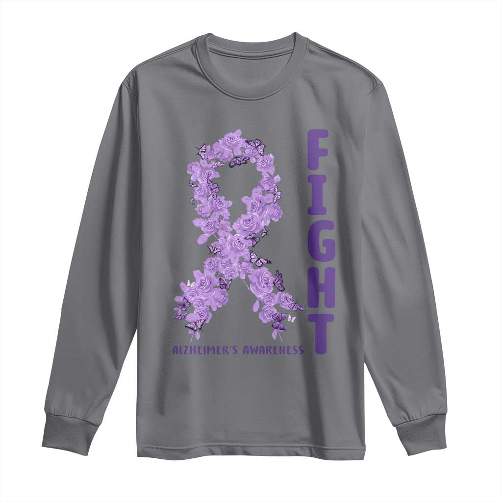 Fight Alzheimers Awareness Support Long Sleeve Shirt Purple Ribbon Floral Butterfly