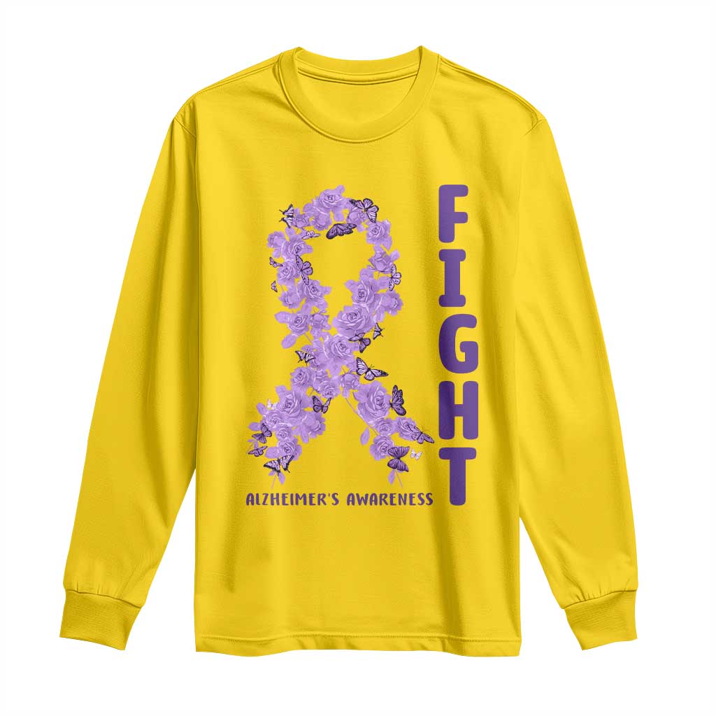 Fight Alzheimers Awareness Support Long Sleeve Shirt Purple Ribbon Floral Butterfly