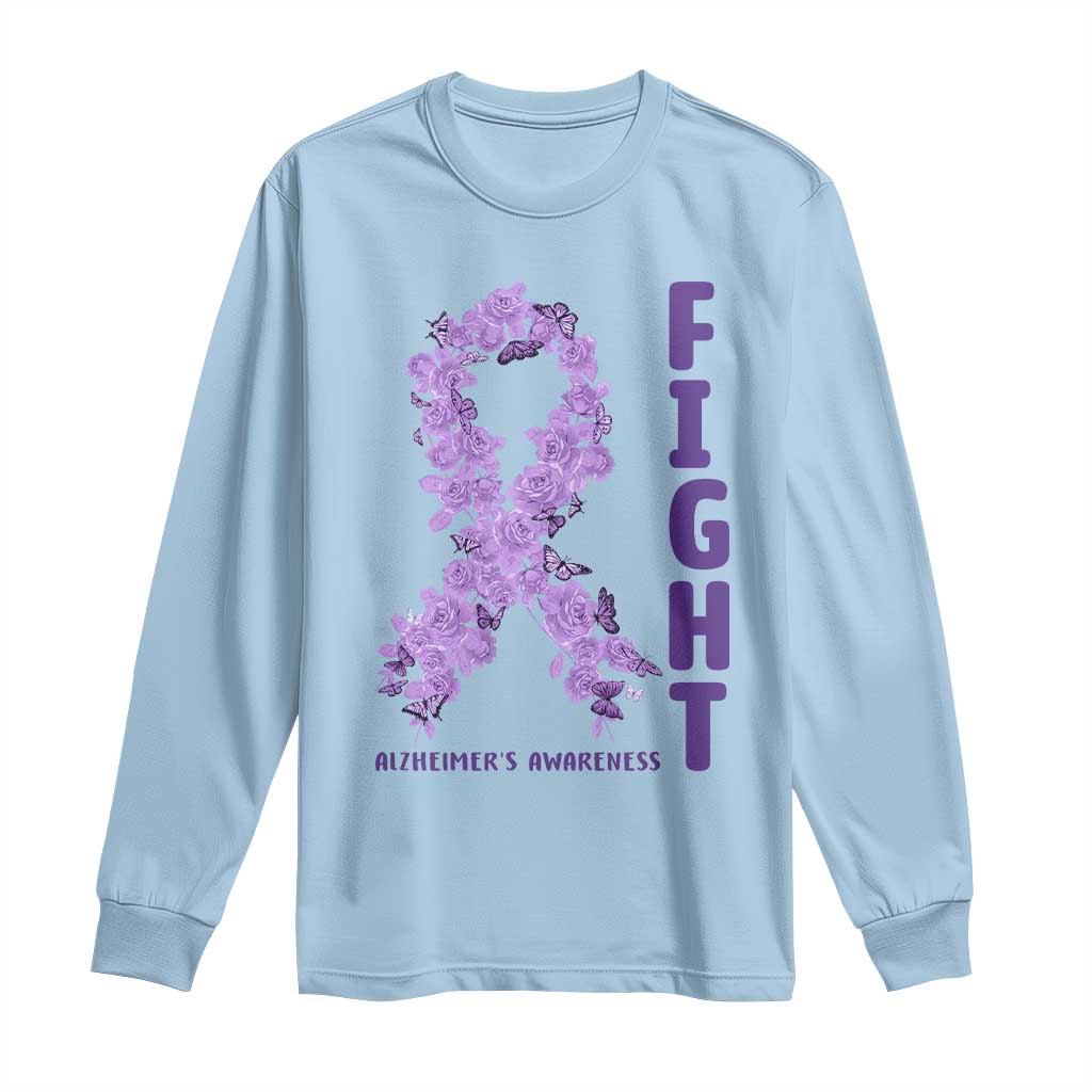 Fight Alzheimers Awareness Support Long Sleeve Shirt Purple Ribbon Floral Butterfly
