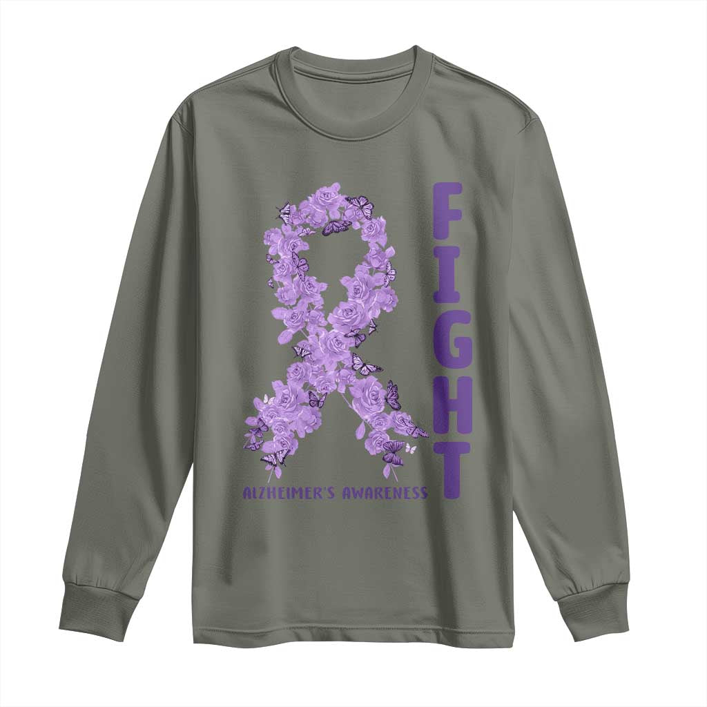 Fight Alzheimers Awareness Support Long Sleeve Shirt Purple Ribbon Floral Butterfly